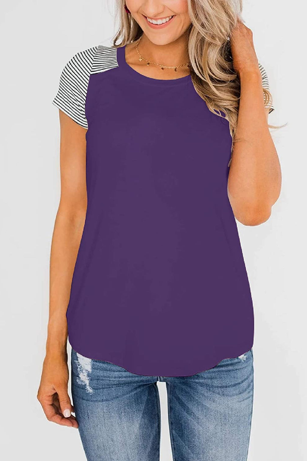 Bingerlily Purple Short Sleeve Stripe Tops