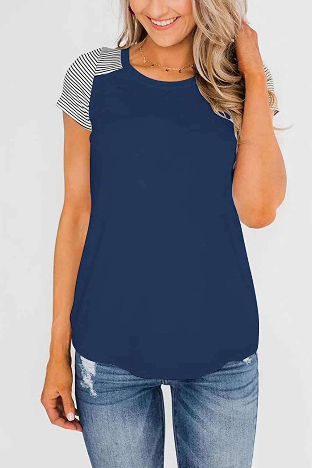 Bingerlily Blue Short Sleeve Stripe Tops