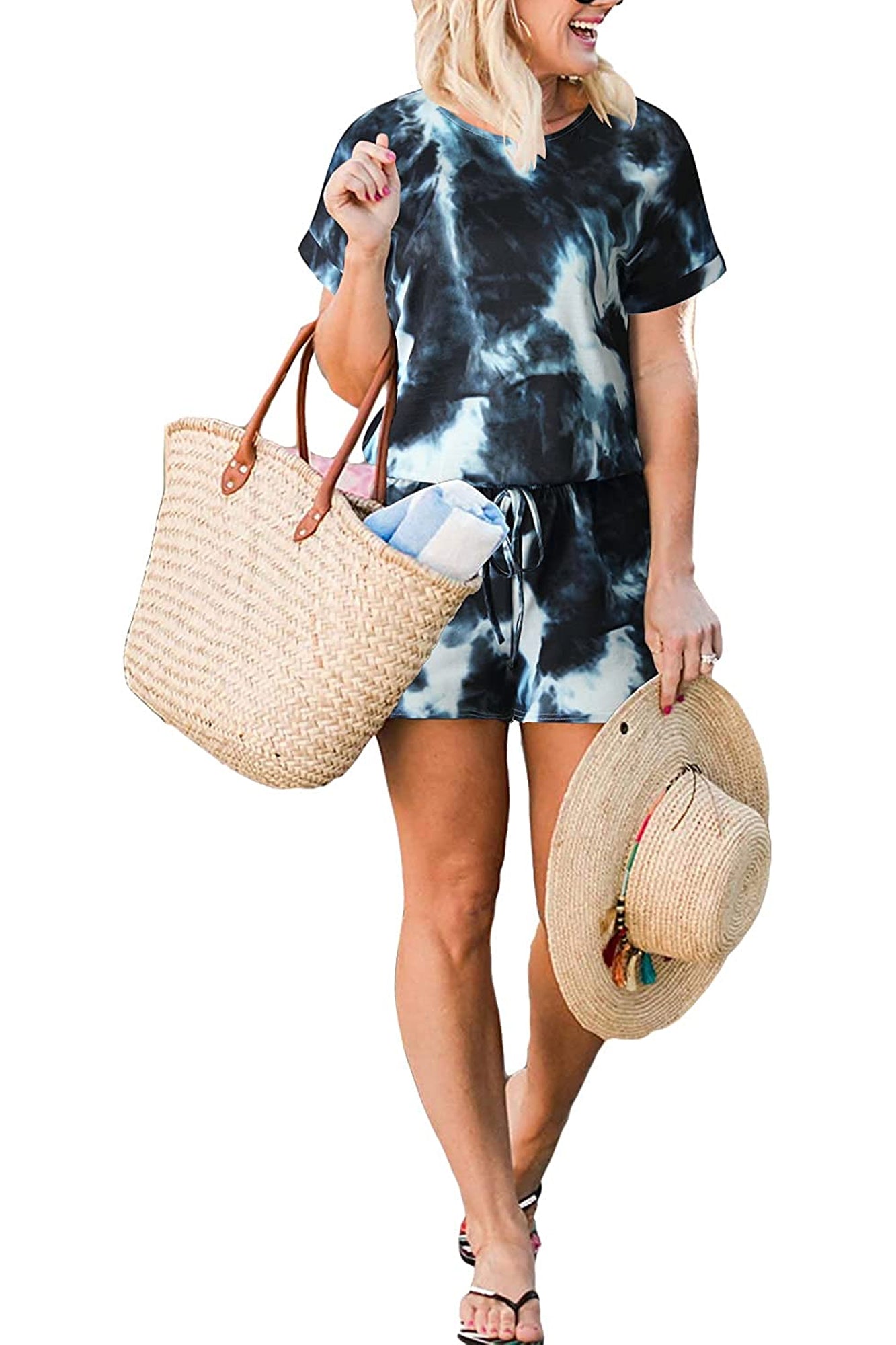 Bingerlily Women Blue Tie Dye Short Sleeve Romper