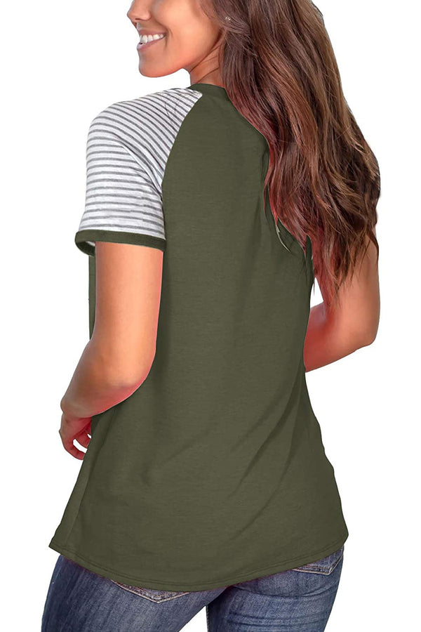 Bingerlily Army Green Short Sleeve Stripe Tops