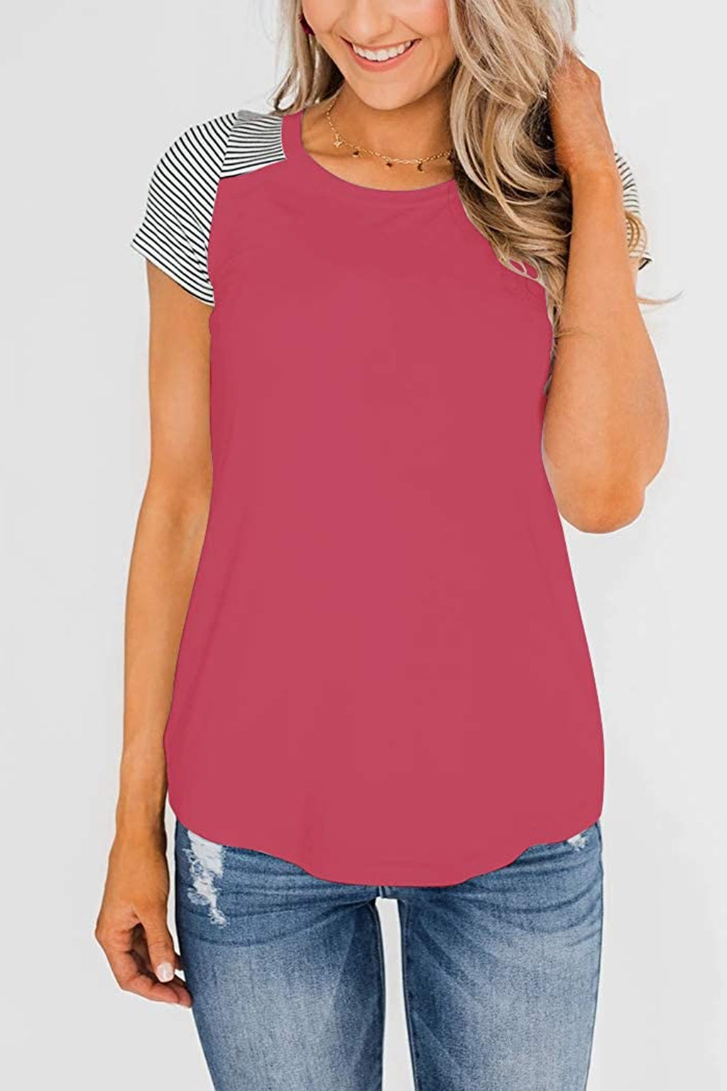Bingerlily Deep Peach Short Sleeve Stripe Tops