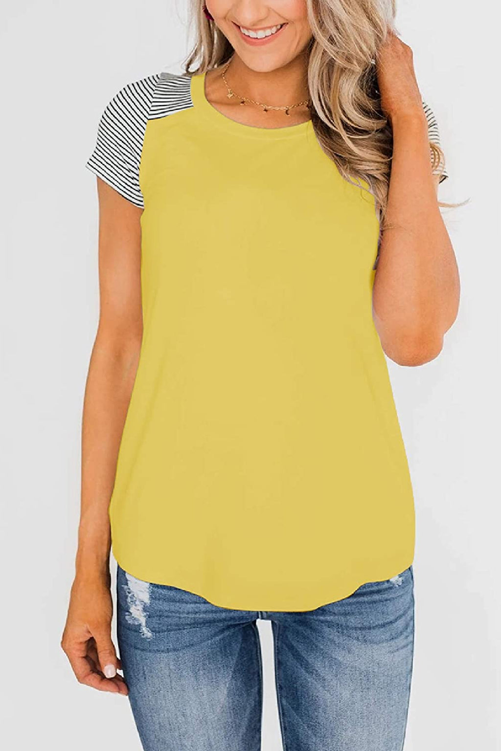 Bingerlily Yellow Short Sleeve Stripe Tops