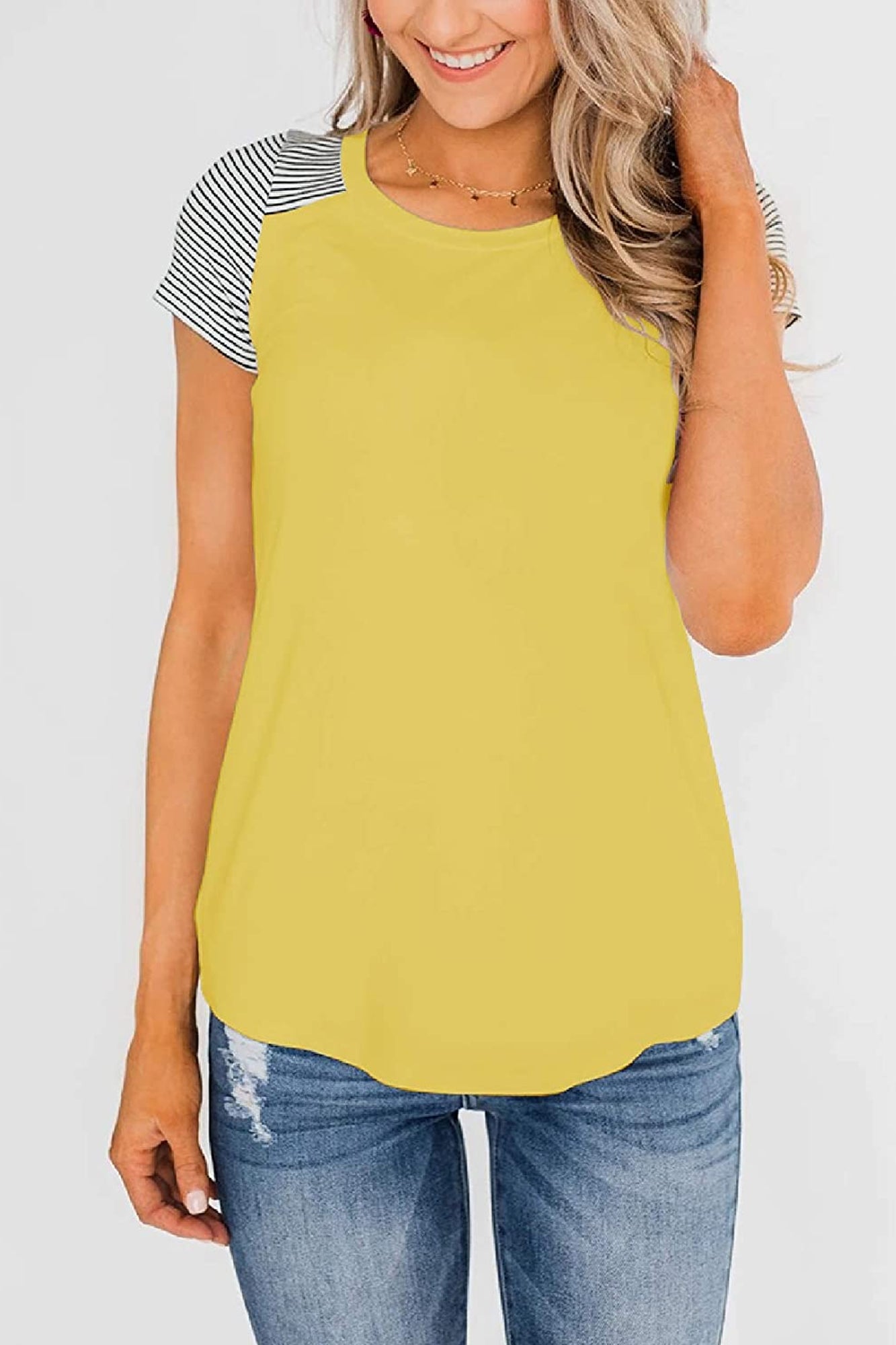 Bingerlily Yellow Short Sleeve Stripe Tops