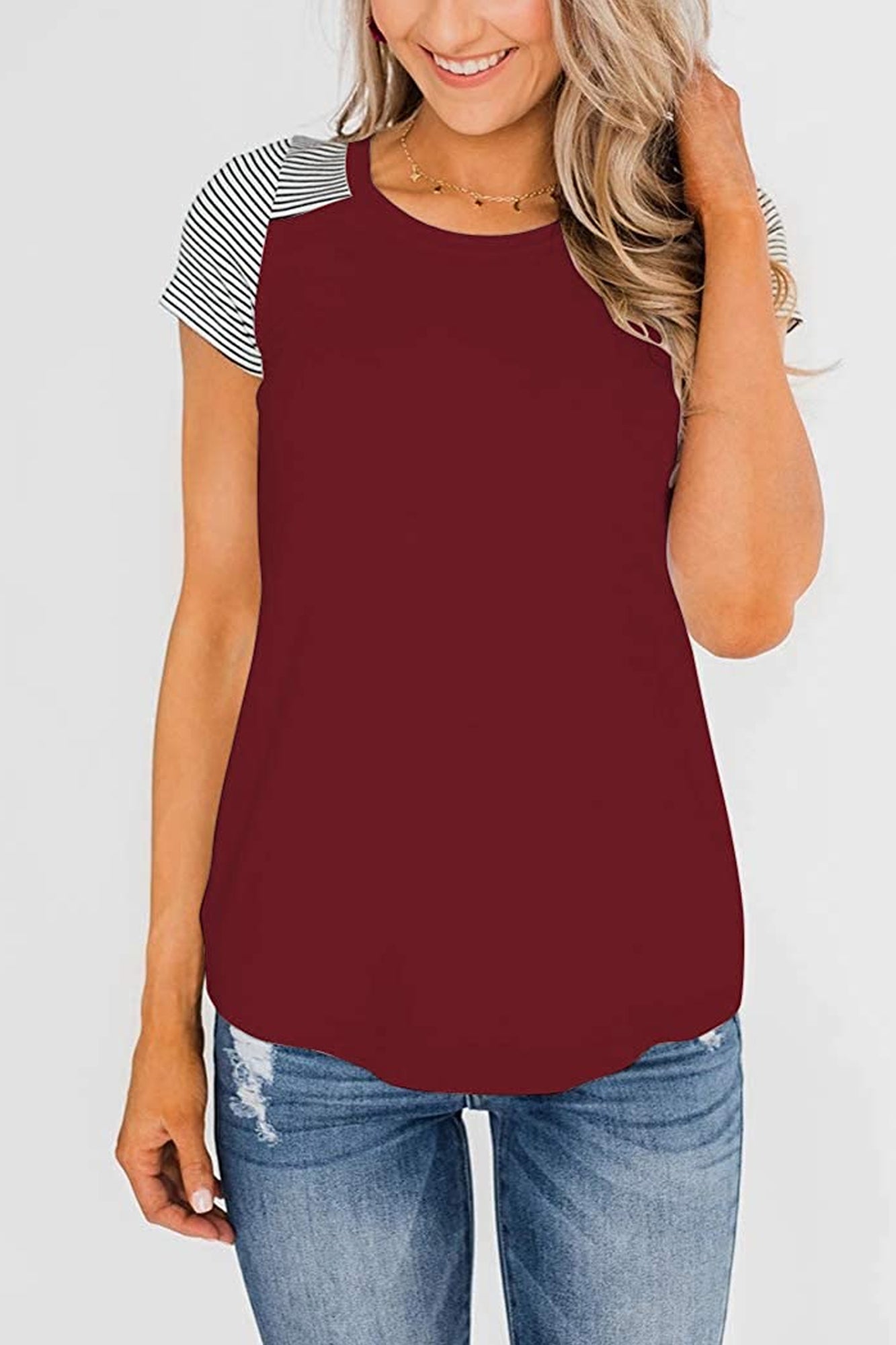 Bingerlily Wine Red Short Sleeve Stripe Tops