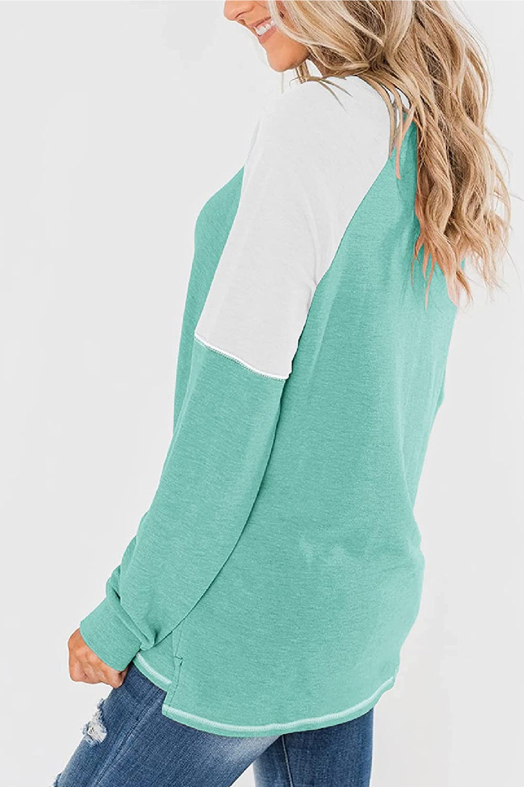 Bingerlily Women Green White Long Sleeve Tunic Top