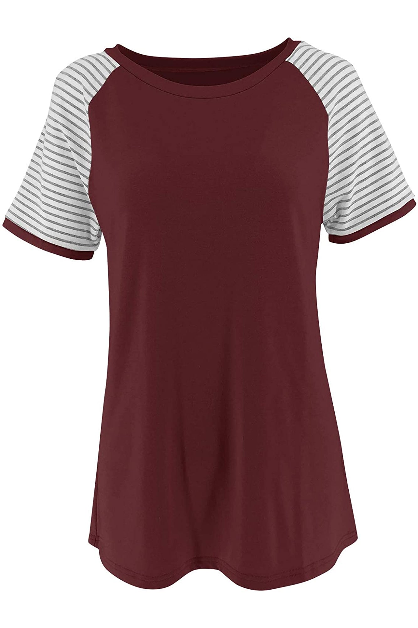 Bingerlily Wine Red Short Sleeve Stripe Tops