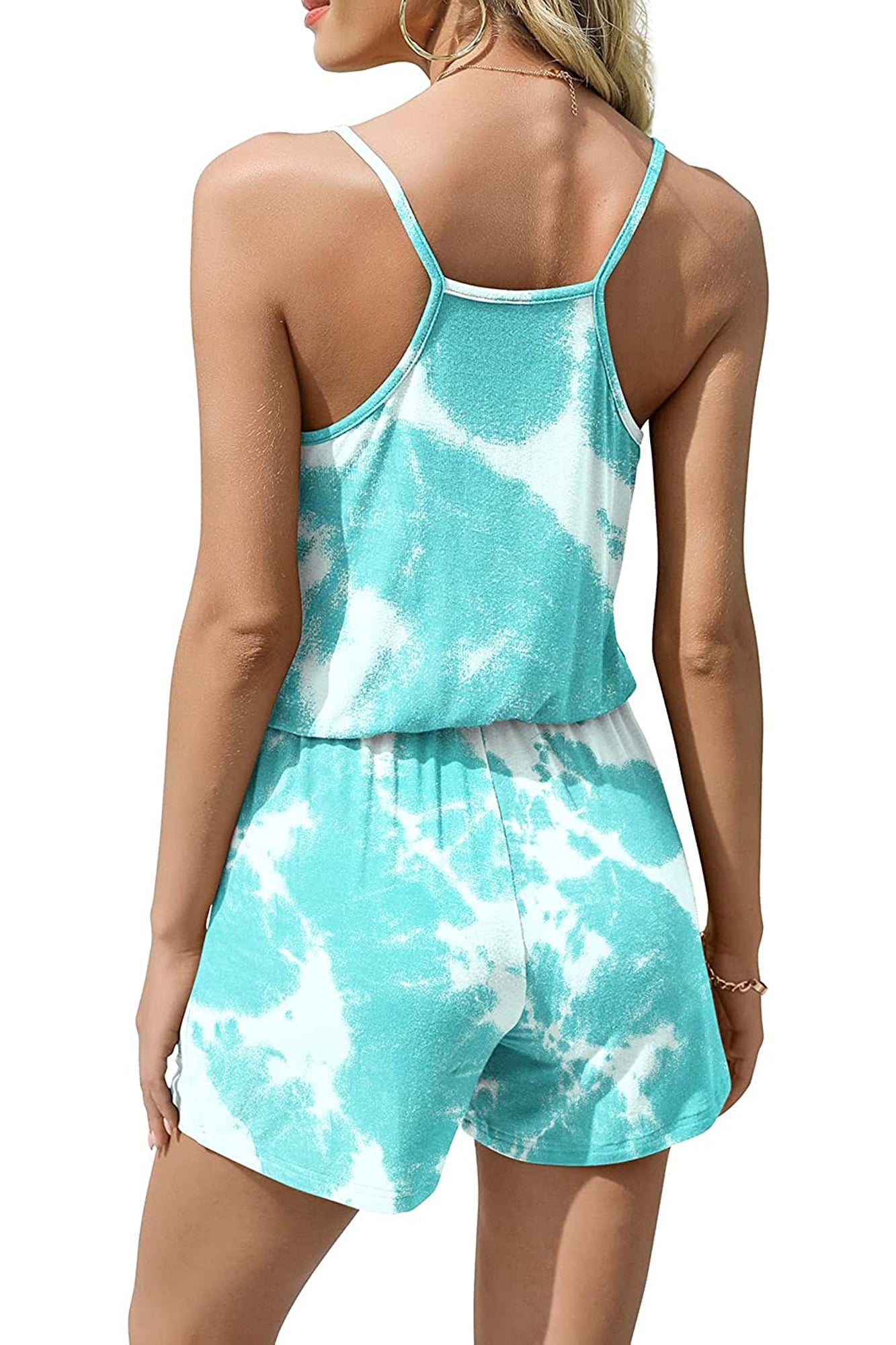 Bingerlily Women Tie Dye Light Blue Spaghetti Strap Romper