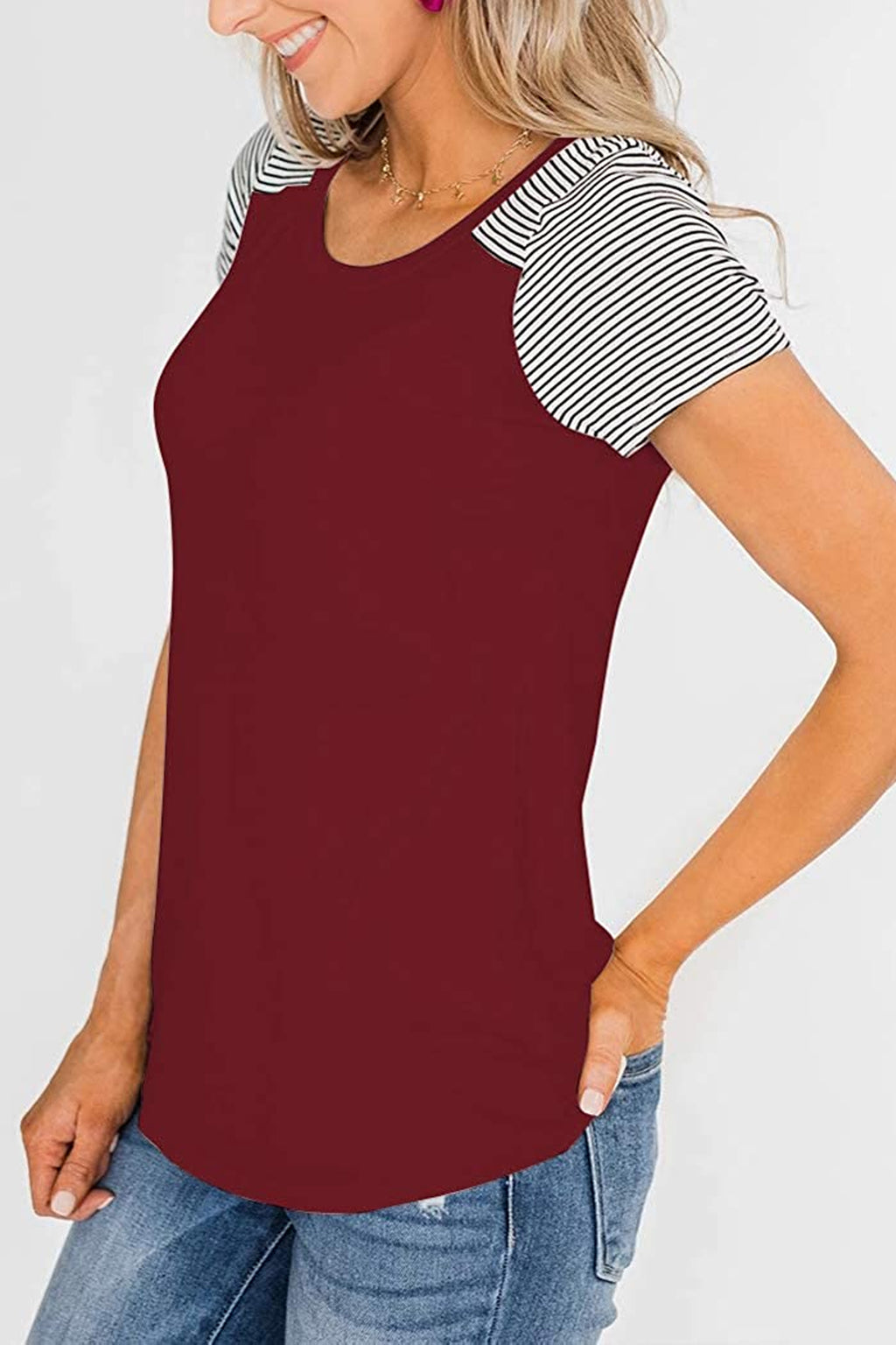 Bingerlily Wine Red Short Sleeve Stripe Tops