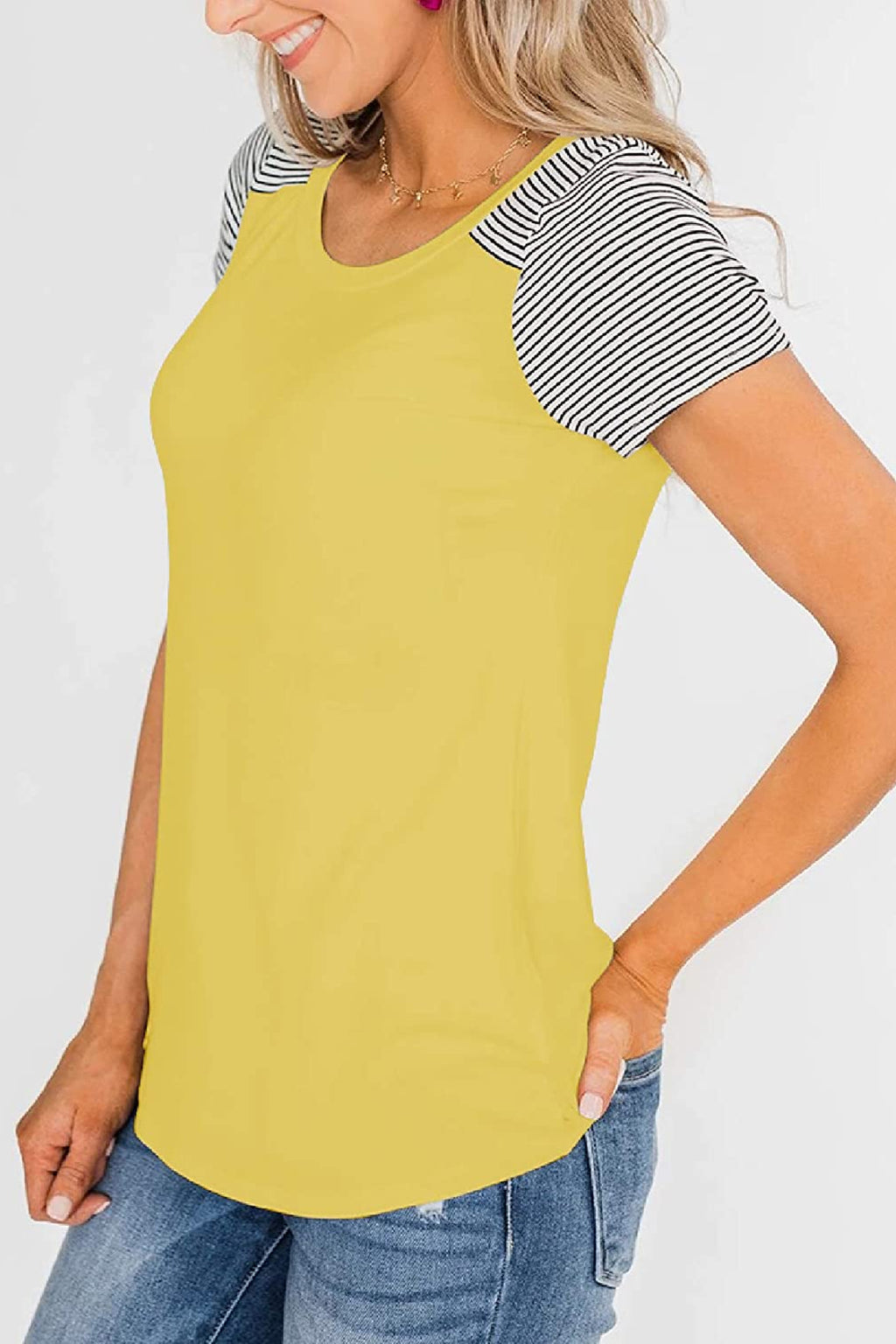 Bingerlily Yellow Short Sleeve Stripe Tops