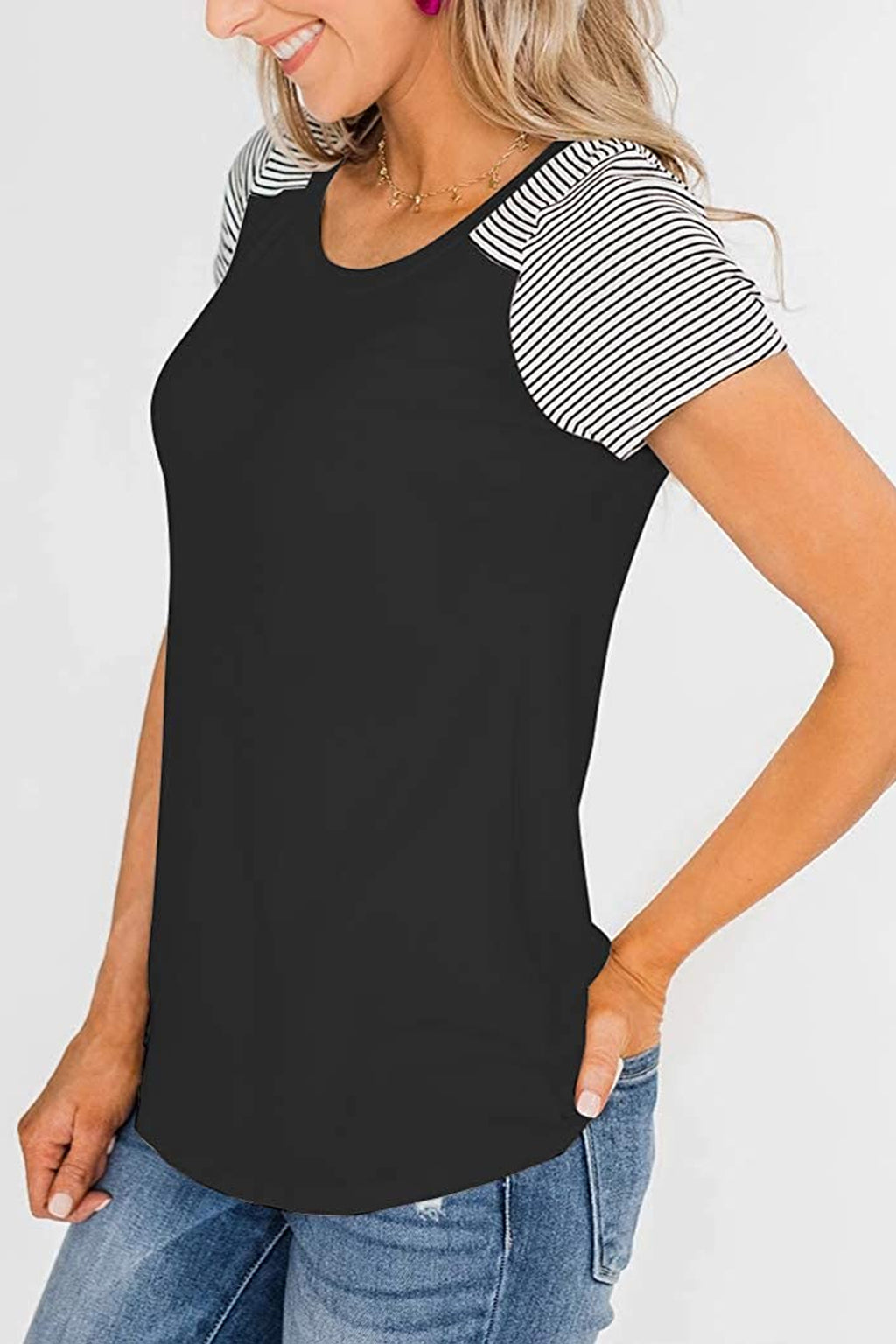 Bingerlily Black Short Sleeve Stripe Tops