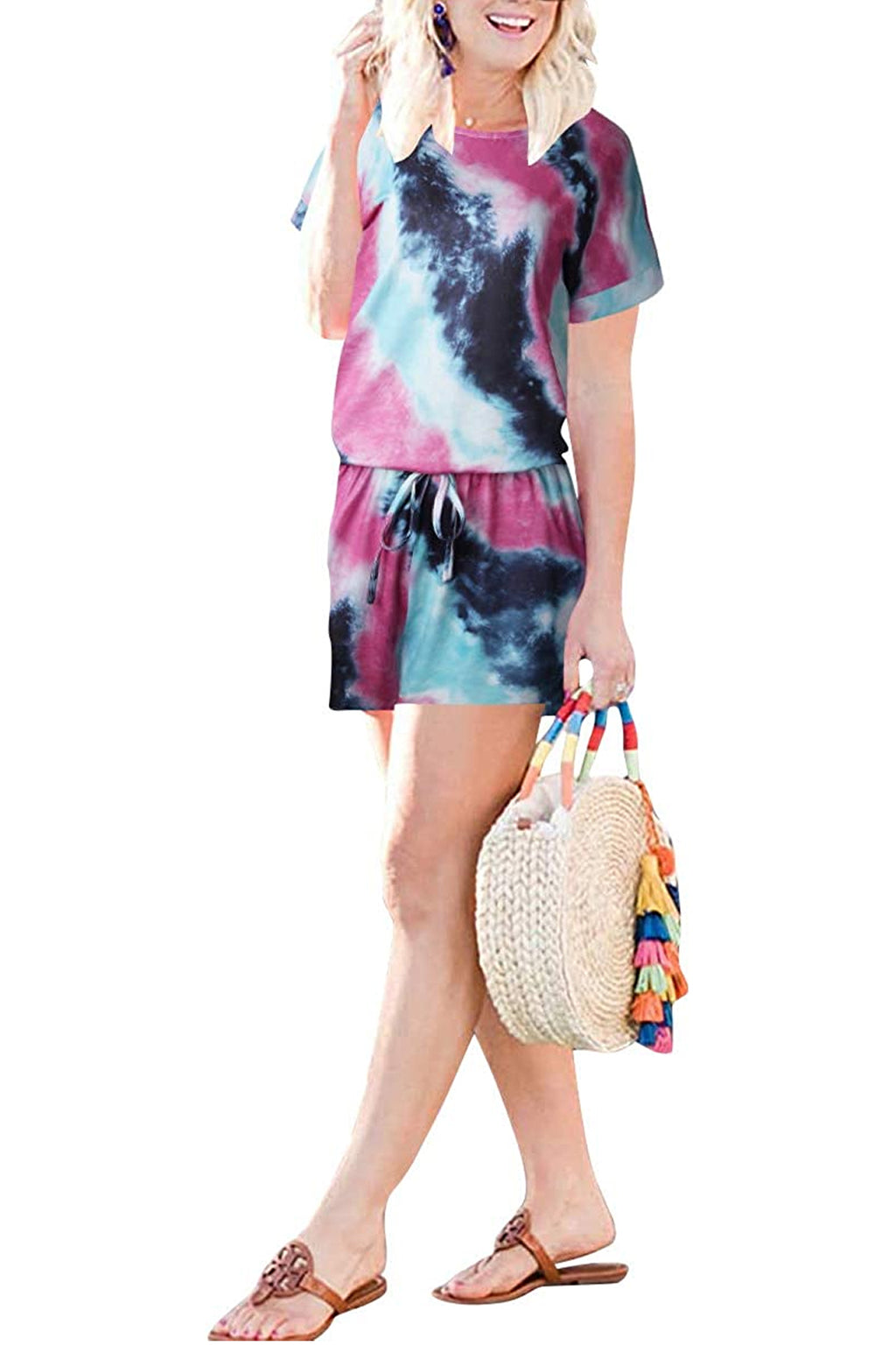 Bingerlily Women Pink Tie Dye Short Sleeve Romper