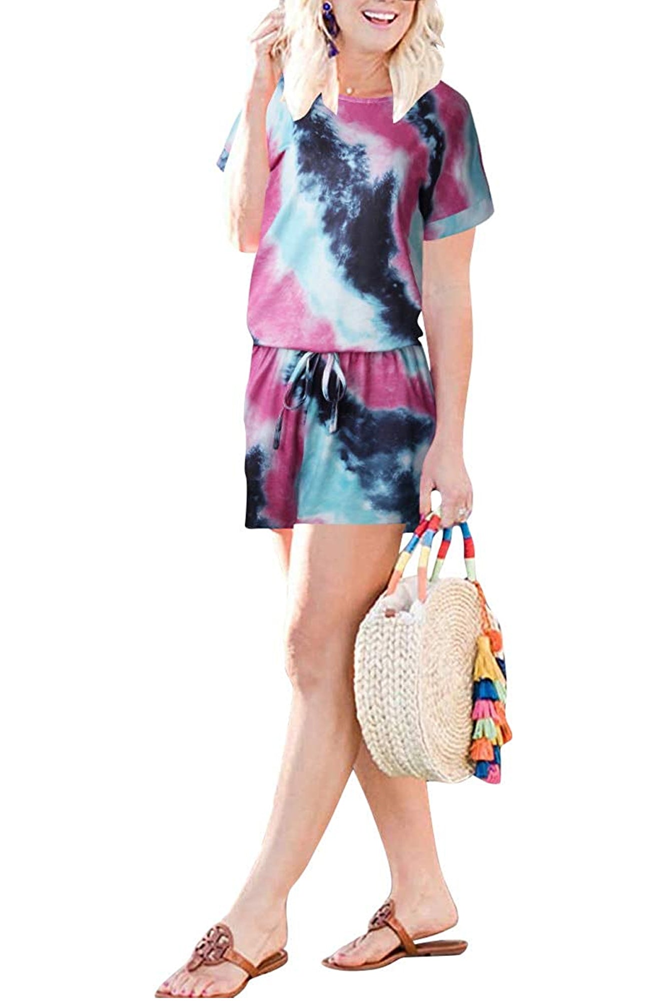 Bingerlily Women Pink Tie Dye Short Sleeve Romper