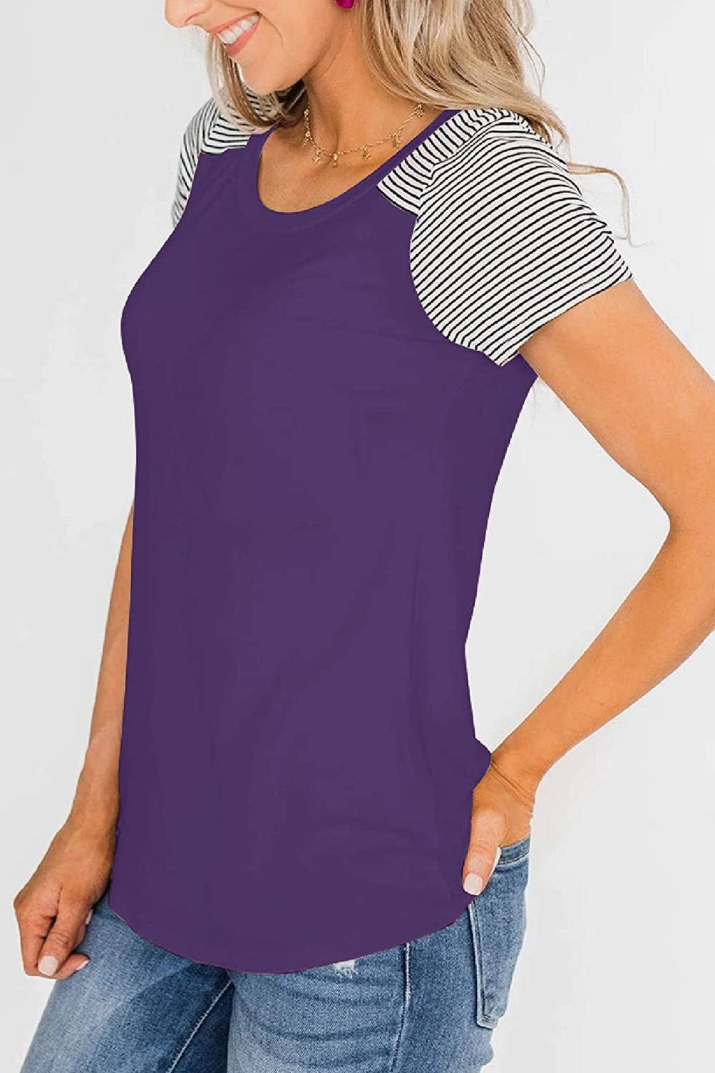 Bingerlily Purple Short Sleeve Stripe Tops