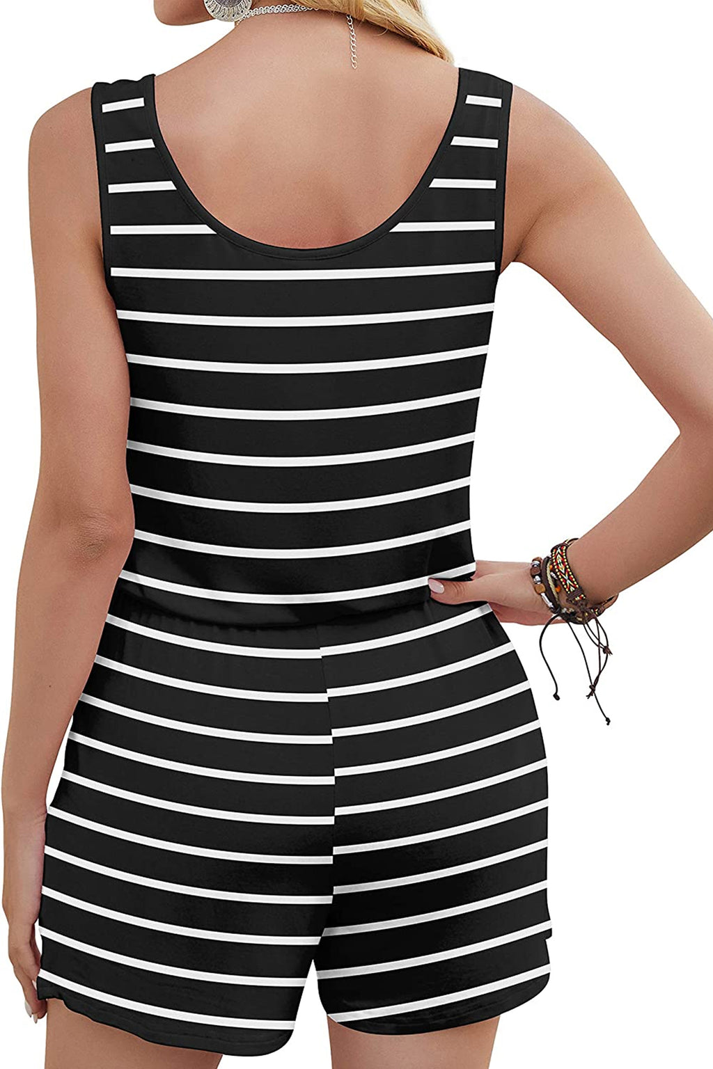 Bingerlily Women Stripe Black Sleeveless Romper