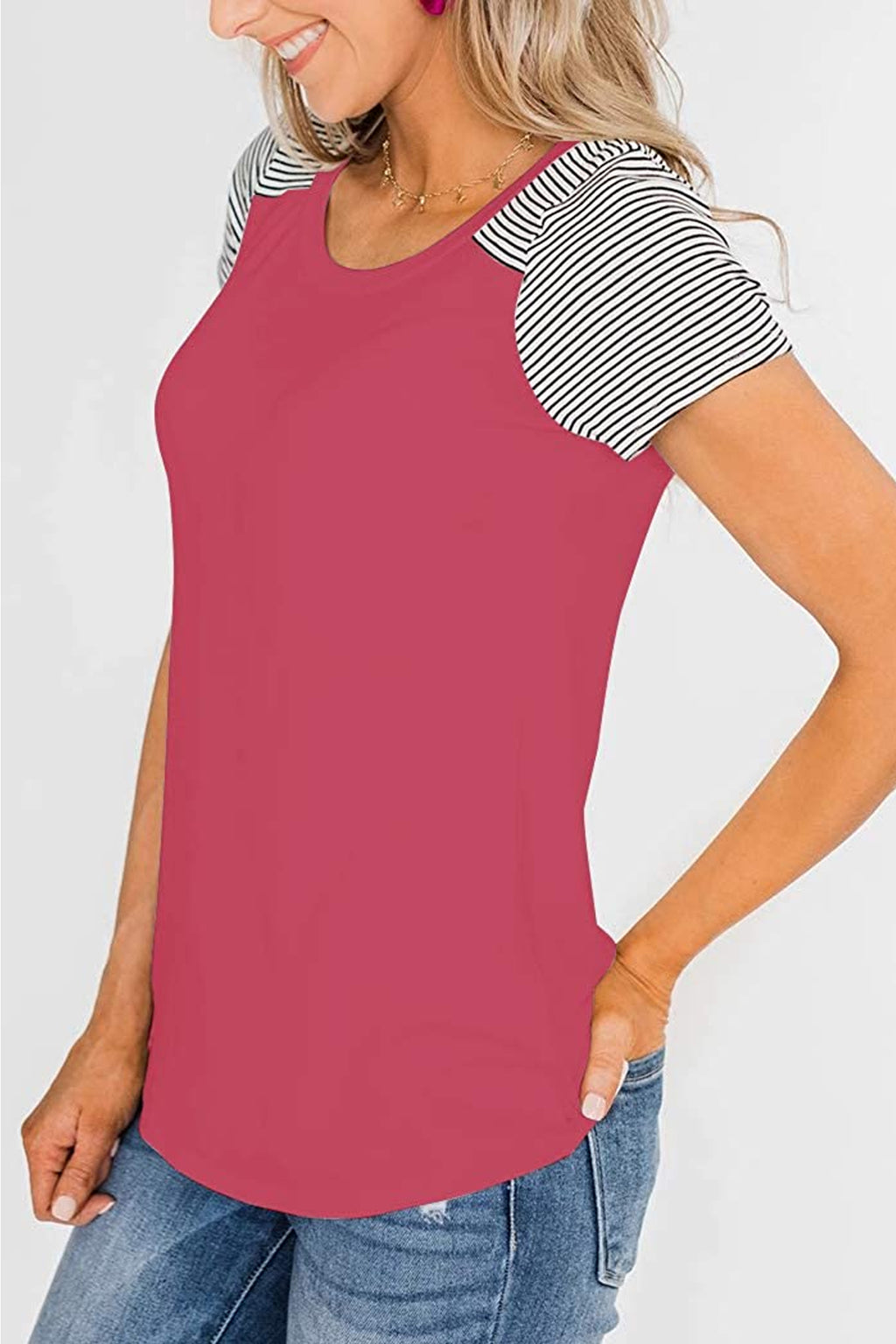Bingerlily Deep Peach Short Sleeve Stripe Tops