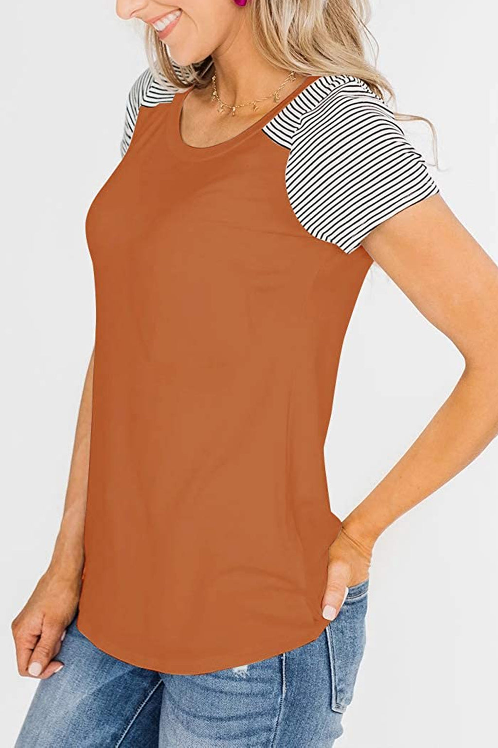 Bingerlily Orange Short Sleeve Stripe Tops