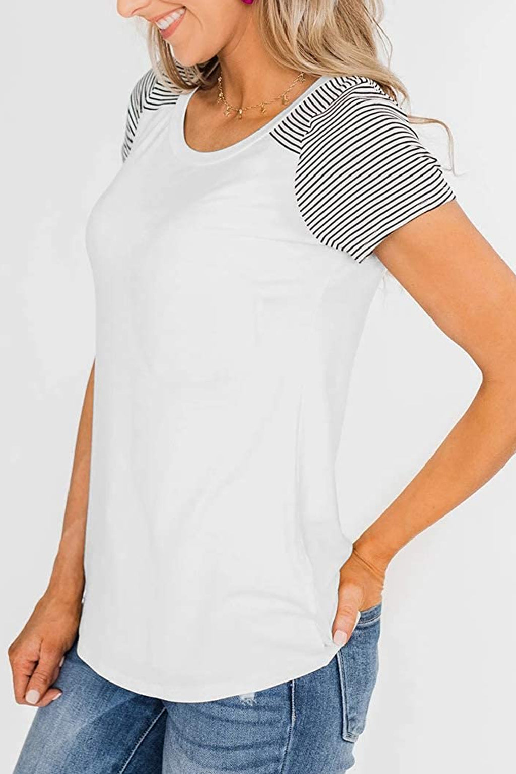 Bingerlily White Short Sleeve Stripe Tops