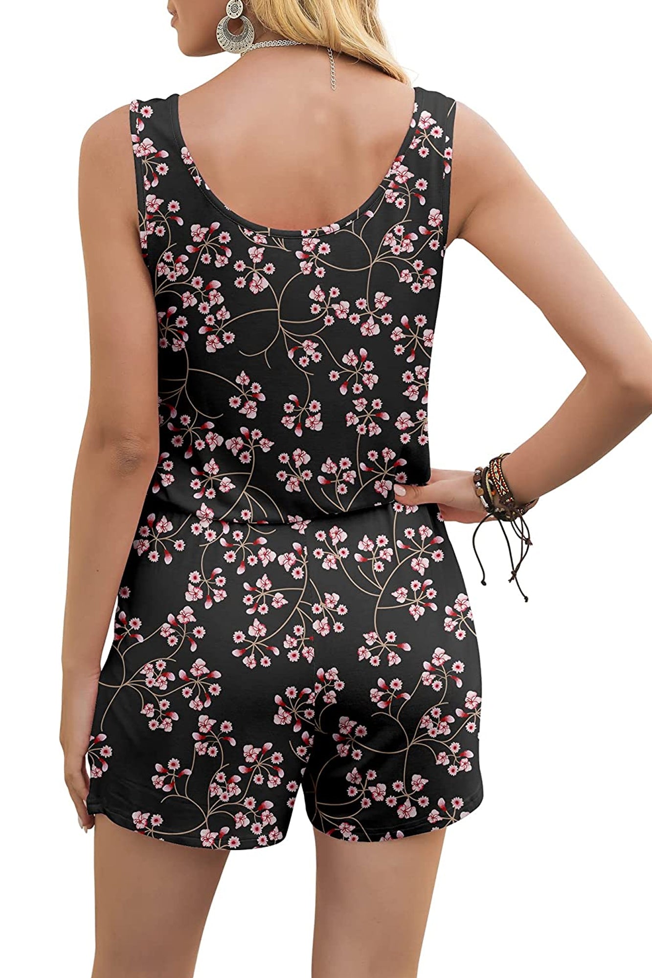 Bingerlily Women Red Flower Black Sleeveless Romper