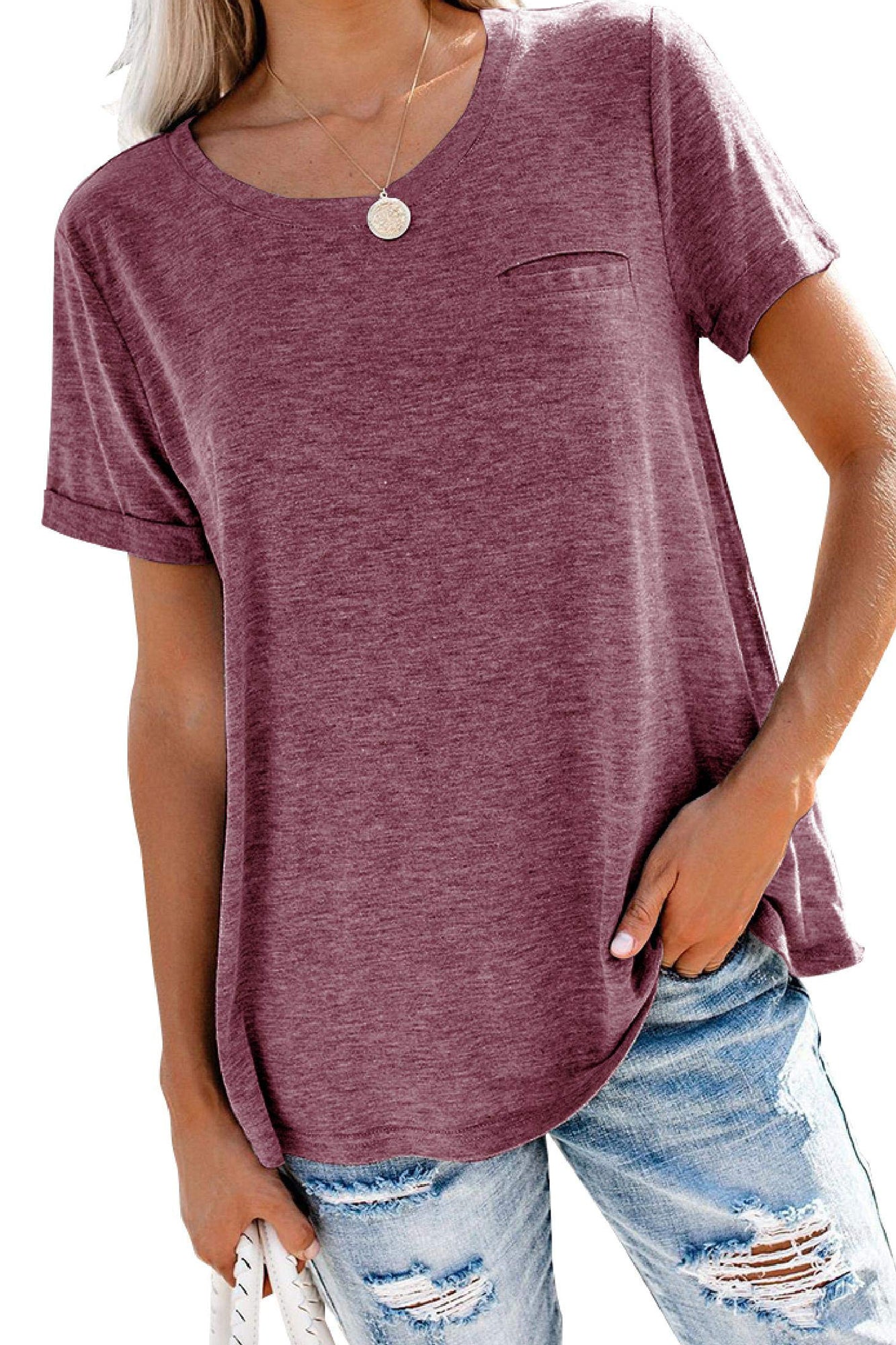 Bingerlily Wine Roll Up Short Sleeve T Shirt