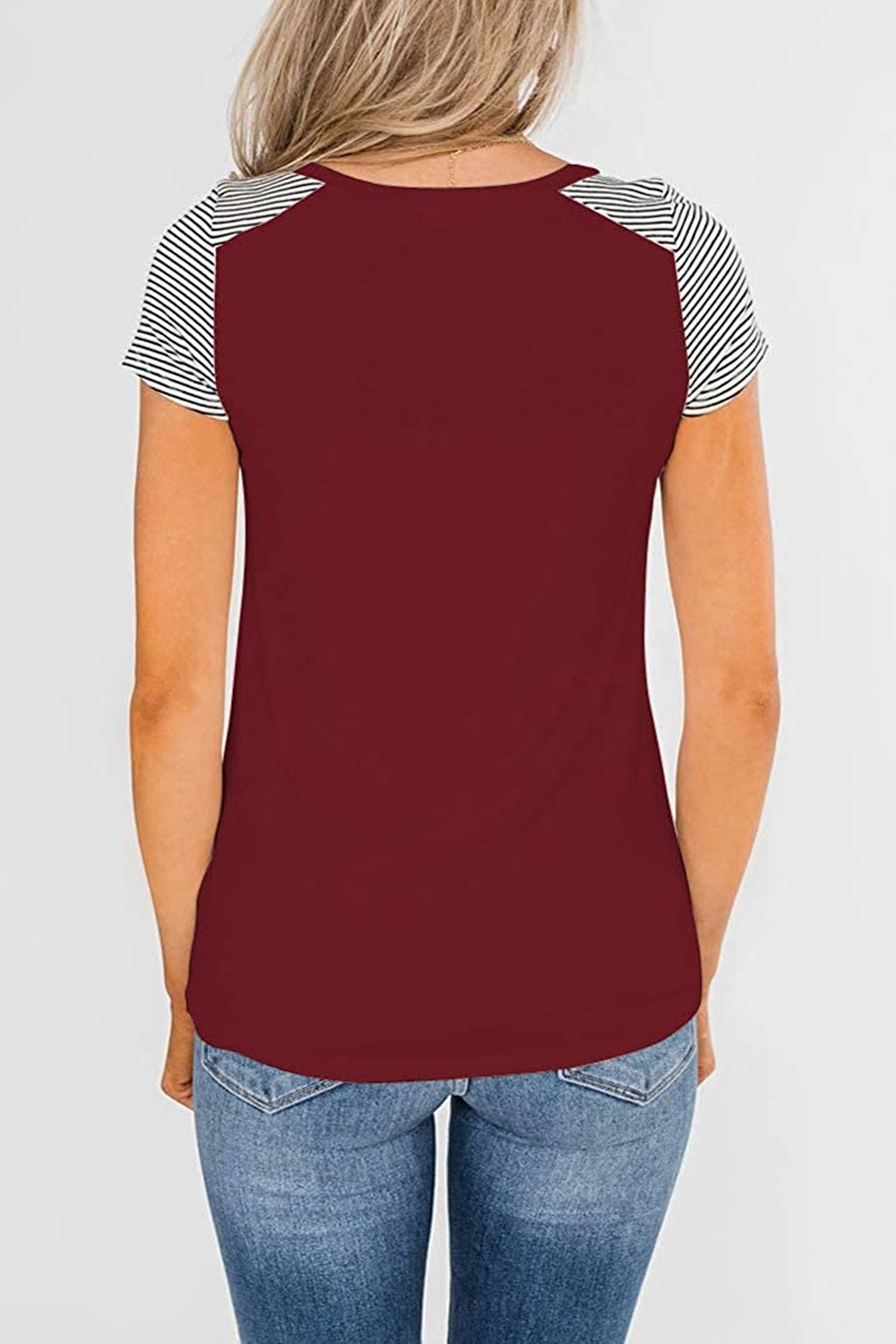 Bingerlily Wine Red Short Sleeve Stripe Tops