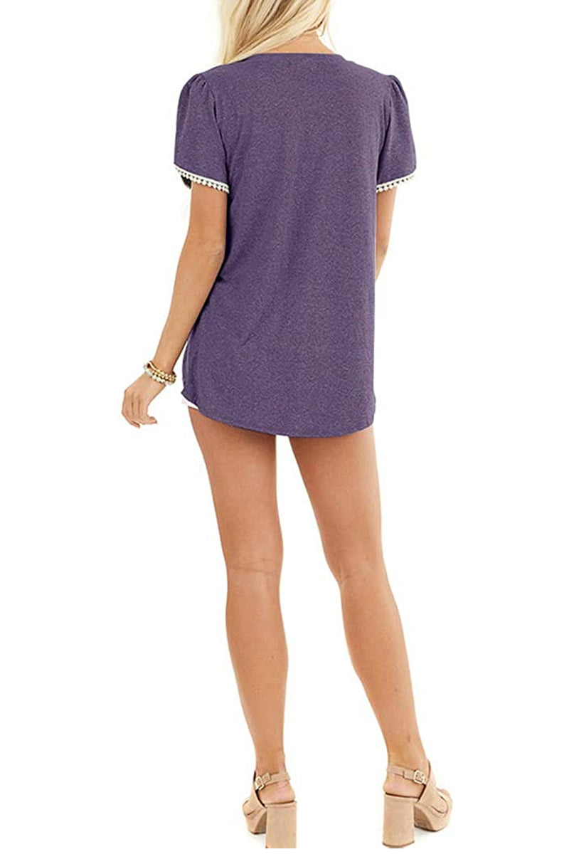 Bingerlily Purple Crew Neck Short Sleeve T Shirt with Lace