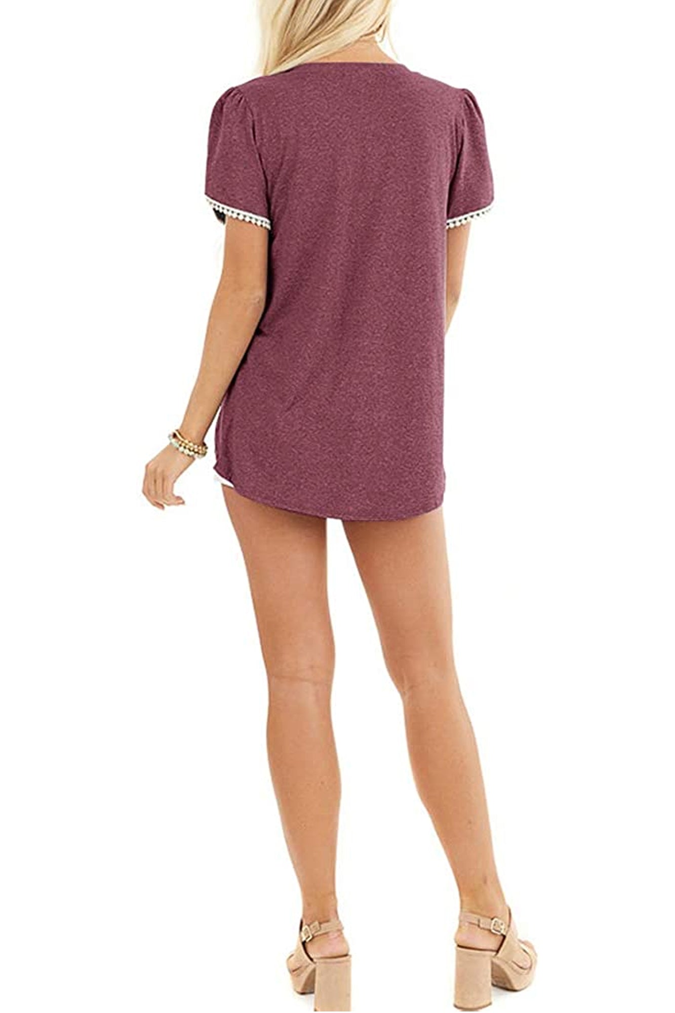 Bingerlily Wine Red Crew Neck Short Sleeve T Shirt with Lace