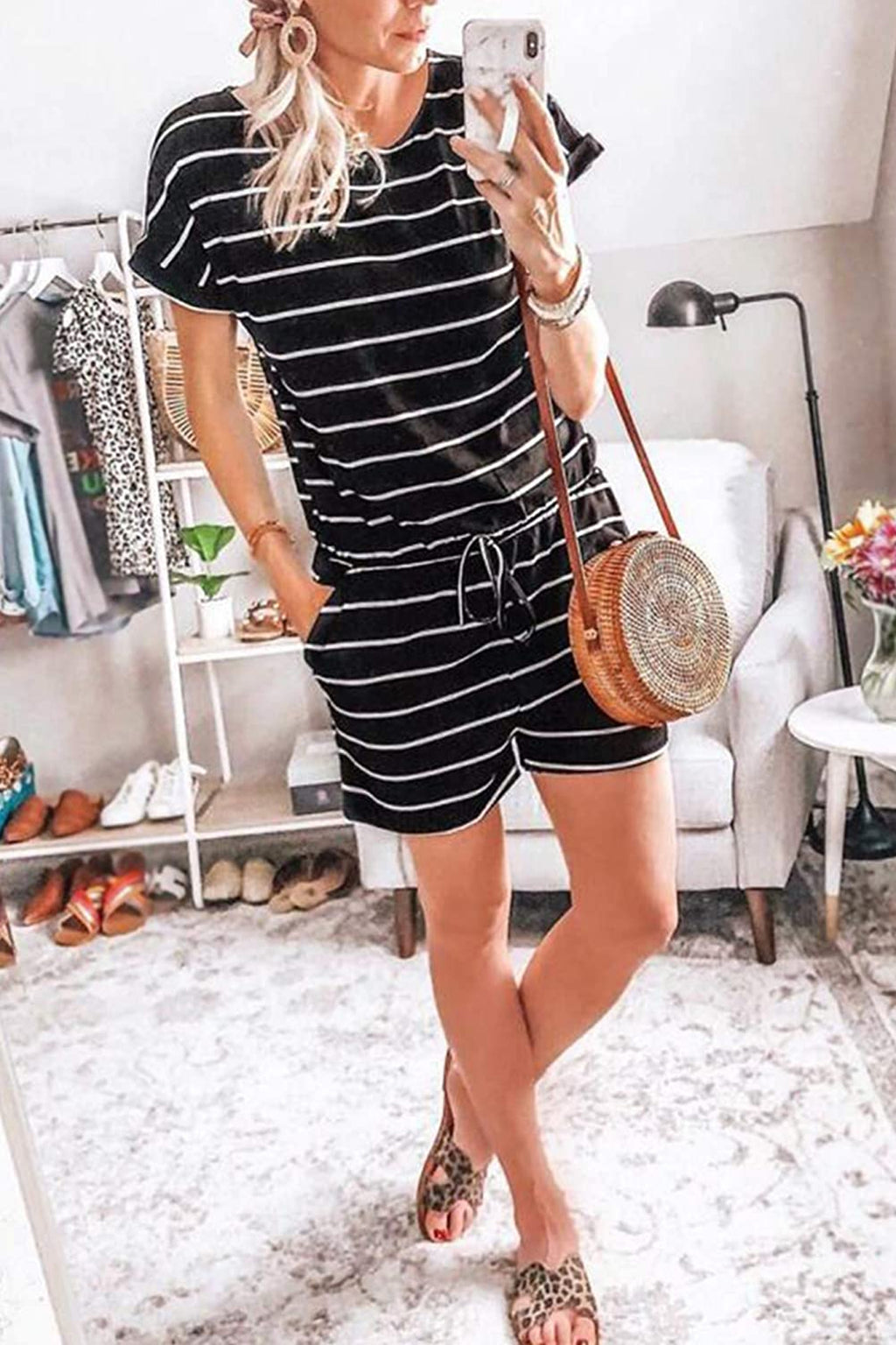 Bingerlily Women Black Stripe Short Sleeve Romper