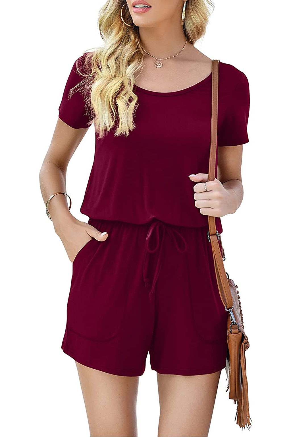 Bingerlily Women Wine Red Short Sleeve Romper
