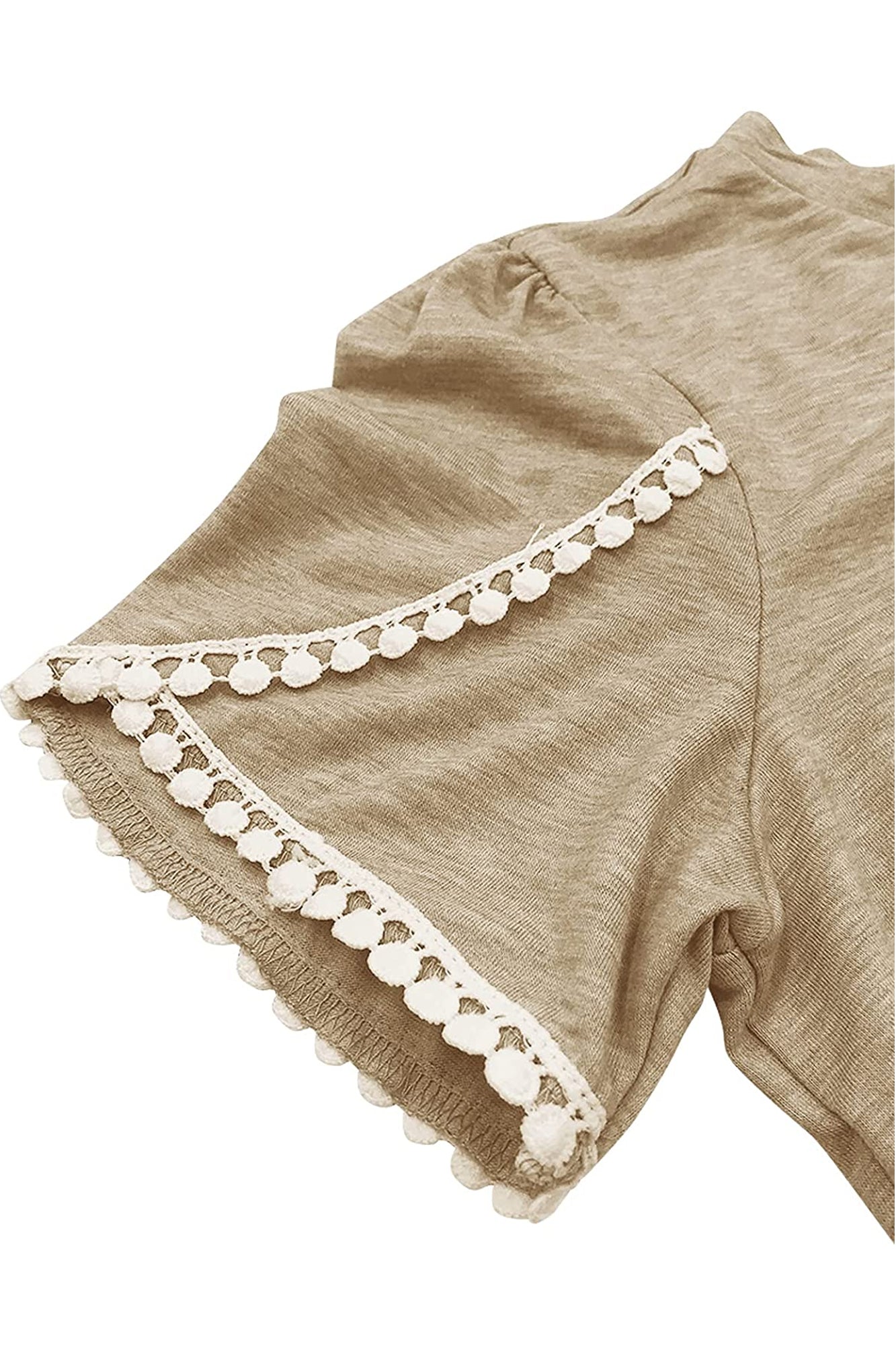 Bingerlily Khaki Red Crew Neck Short Sleeve T Shirt with Lace