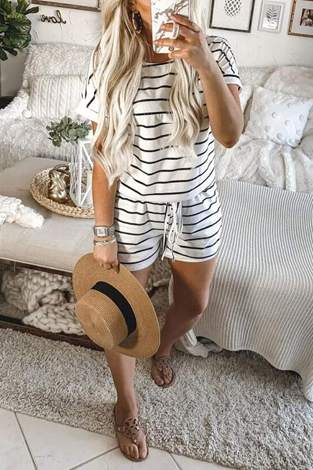 Bingerlily Women White Stripe Short Sleeve Romper