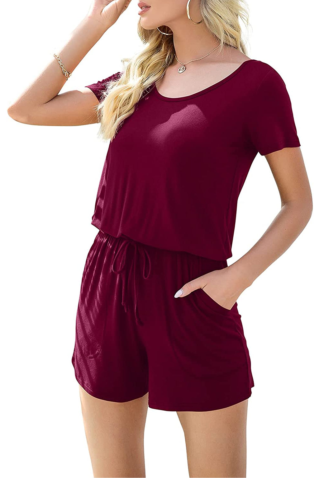 Bingerlily Women Wine Red Short Sleeve Romper