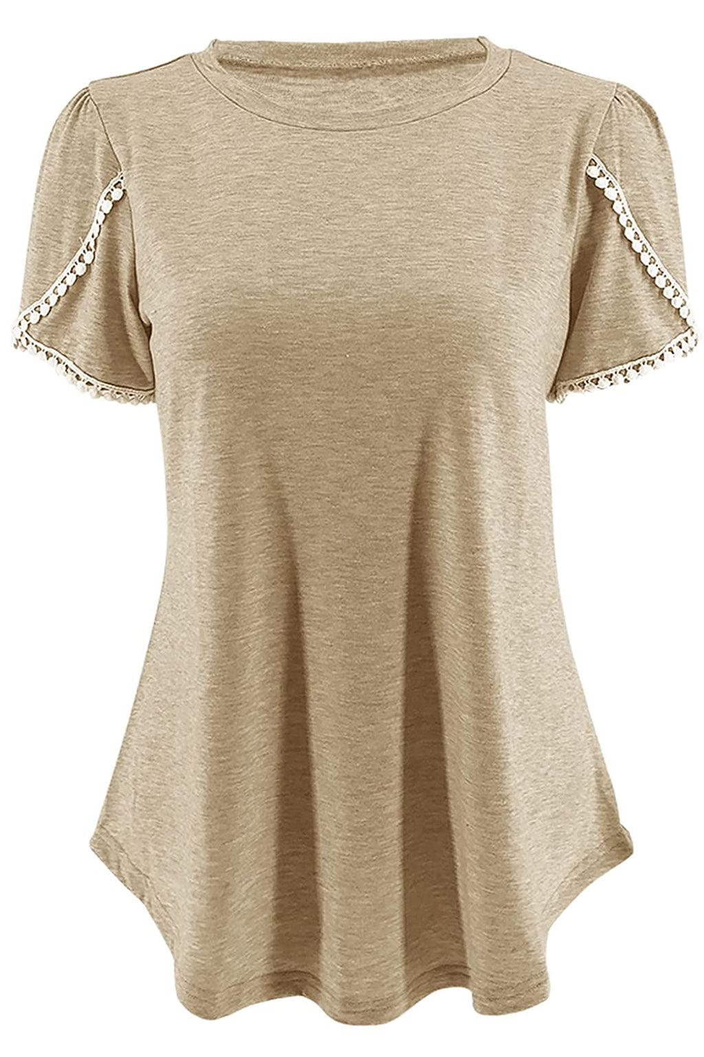 Bingerlily Khaki Red Crew Neck Short Sleeve T Shirt with Lace
