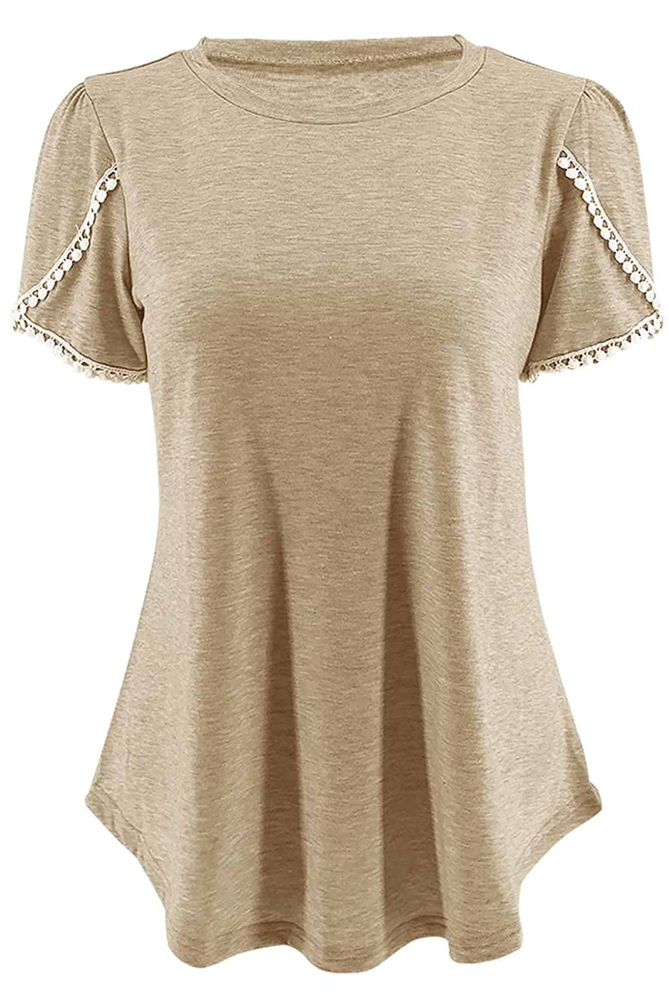 Bingerlily Khaki Red Crew Neck Short Sleeve T Shirt with Lace