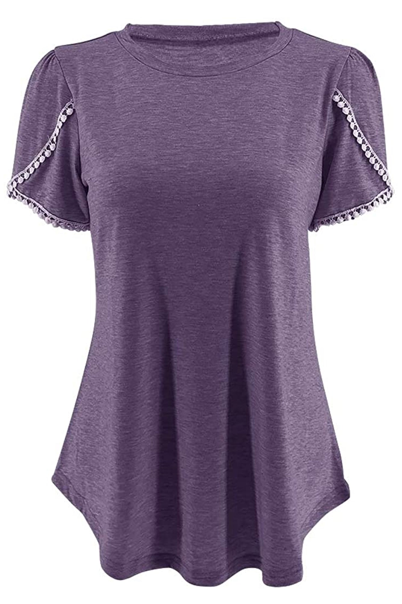 Bingerlily Purple Crew Neck Short Sleeve T Shirt with Lace