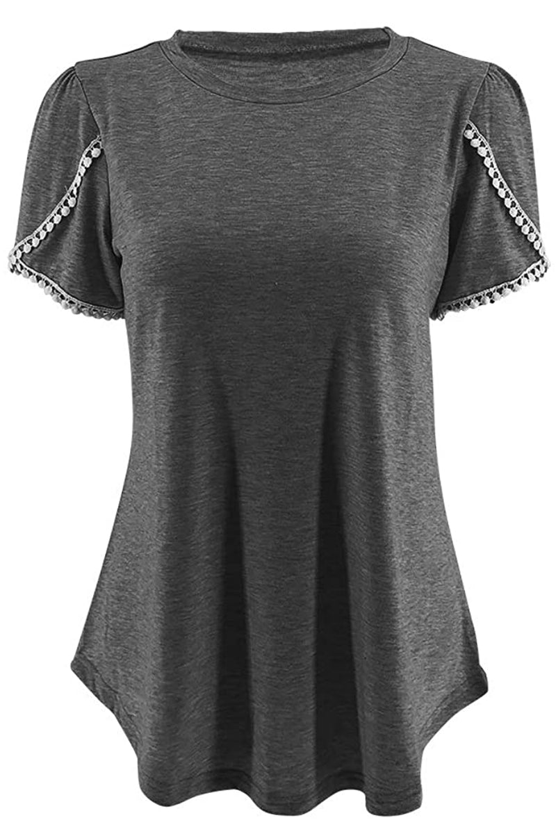 Bingerlily Charcoal Crew Neck Short Sleeve T Shirt with Lace