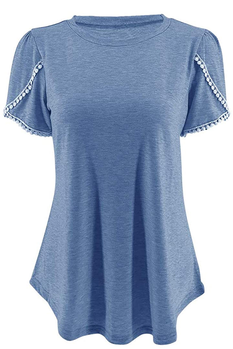 Bingerlily Blue Crew Neck Short Sleeve T Shirt with Lace