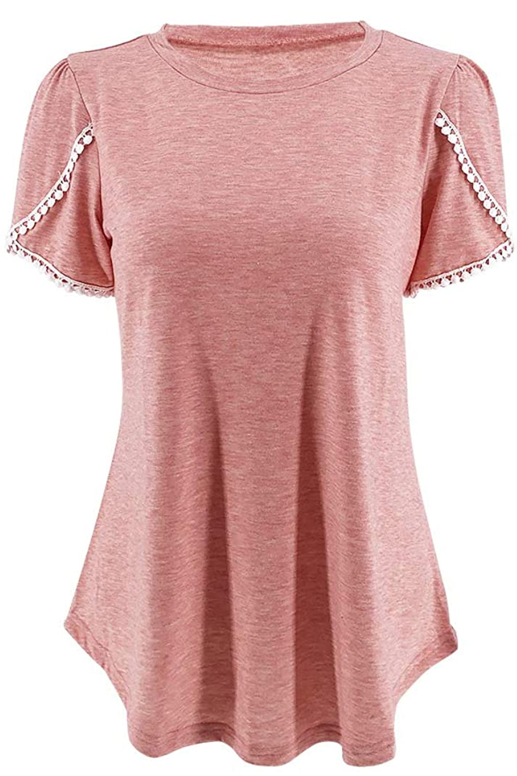 Bingerlily Peach Crew Neck Short Sleeve T Shirt with Lace