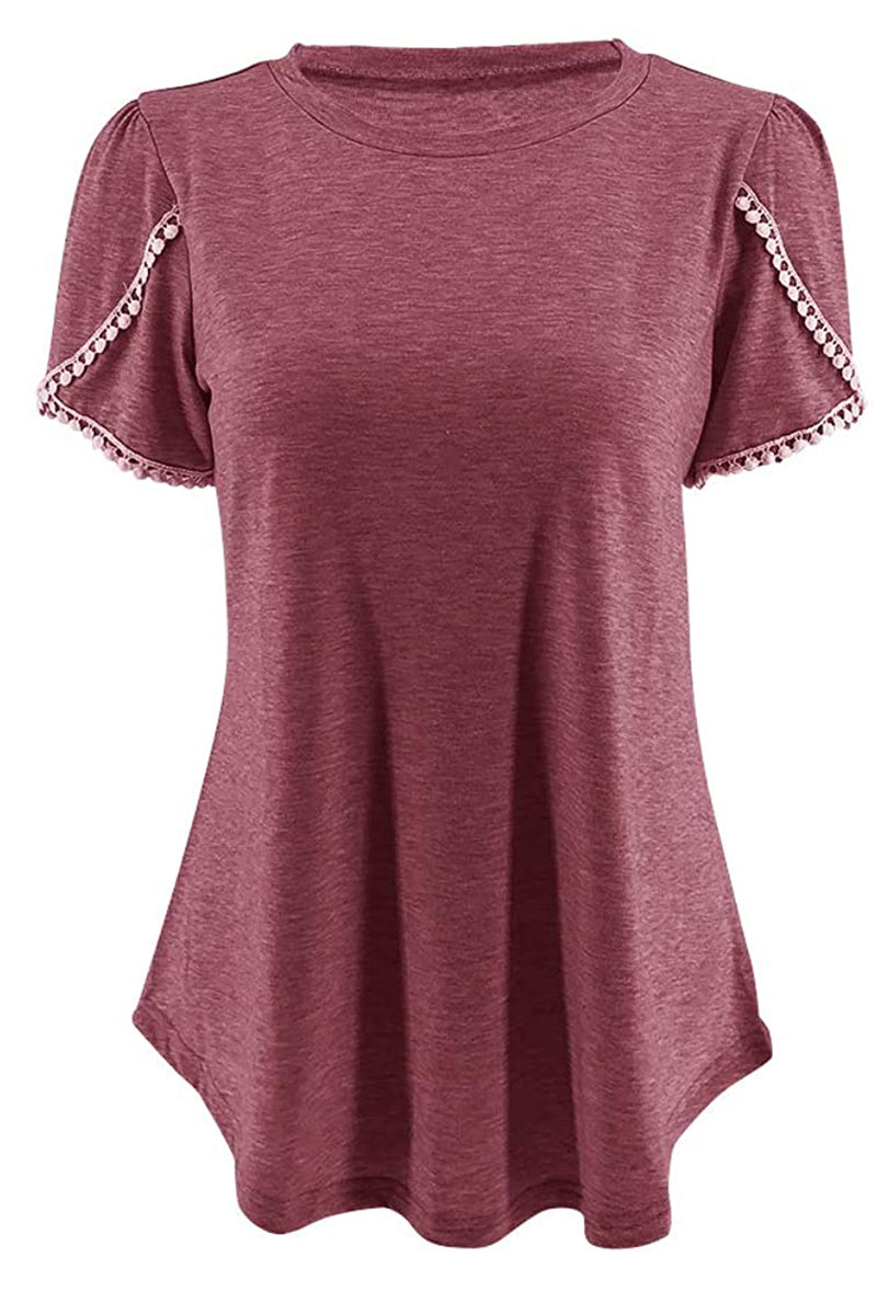 Bingerlily Wine Red Crew Neck Short Sleeve T Shirt with Lace